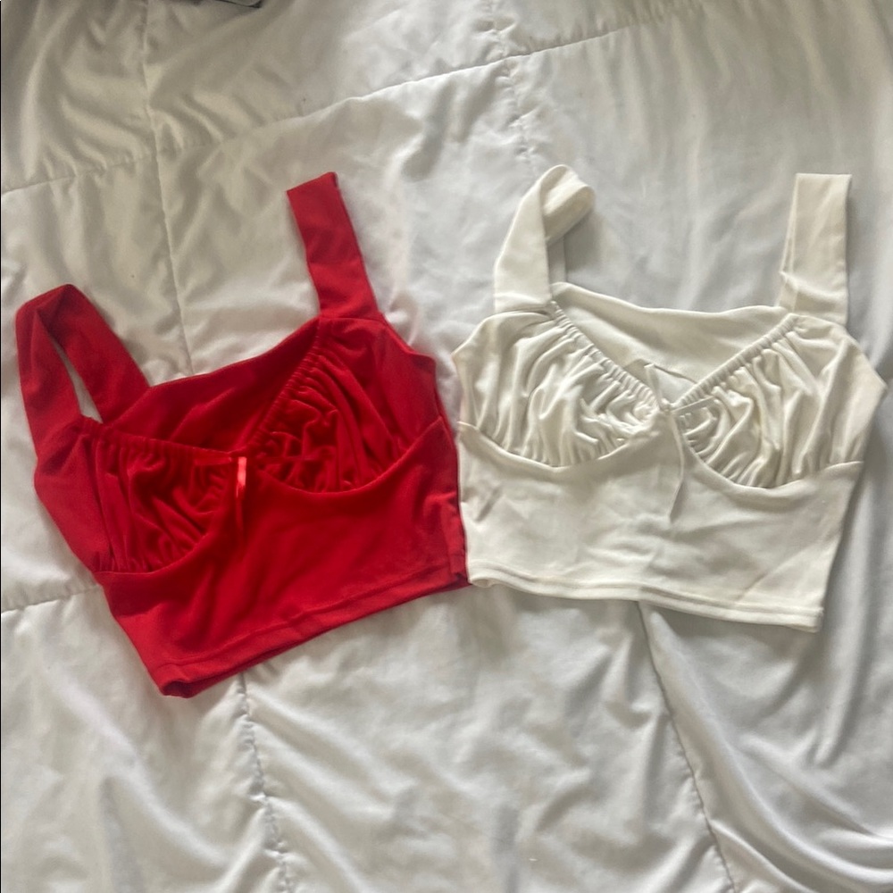 Red and White Ruched Crop Tops